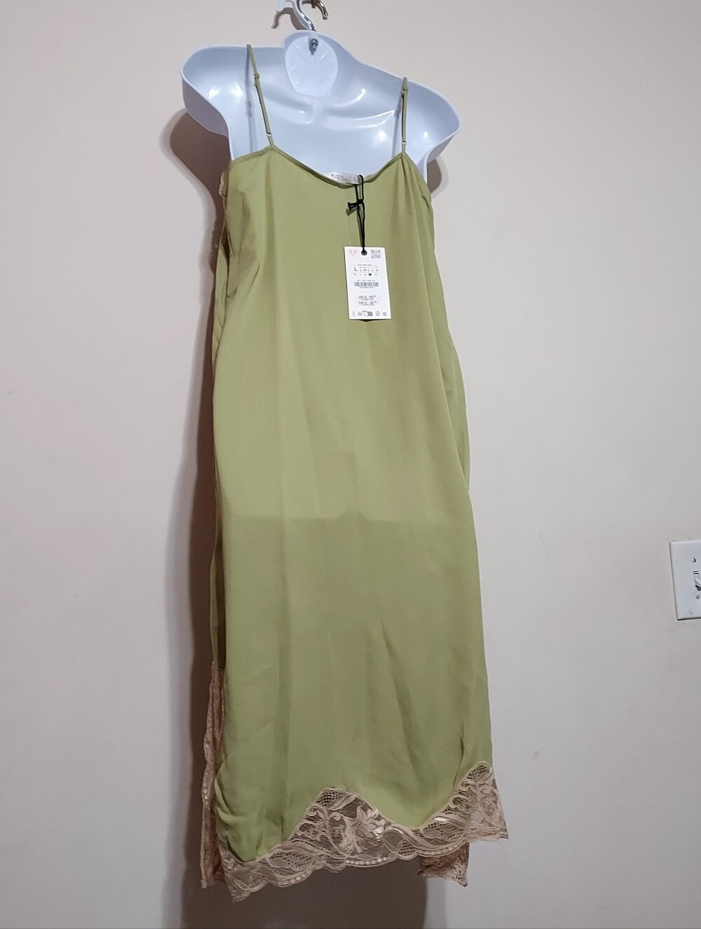 Zara Zw Collec Lace-Trim Slip Dress - Sage Green Midi Feminine Casual Dress Sz-L - Picture 6 of 15